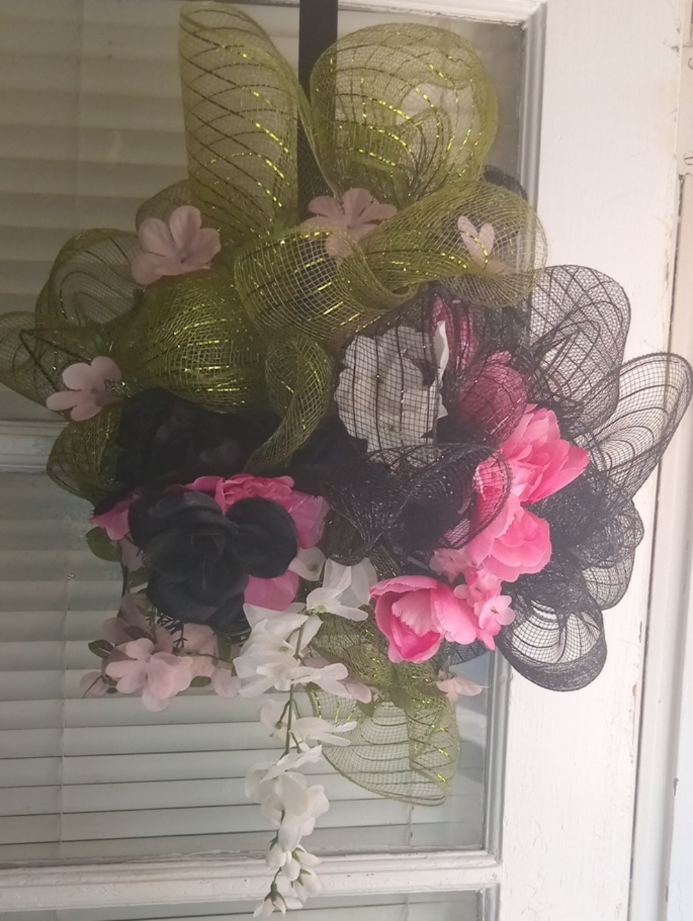 Pink & Black Floral Mesh Wreath with Green Accents